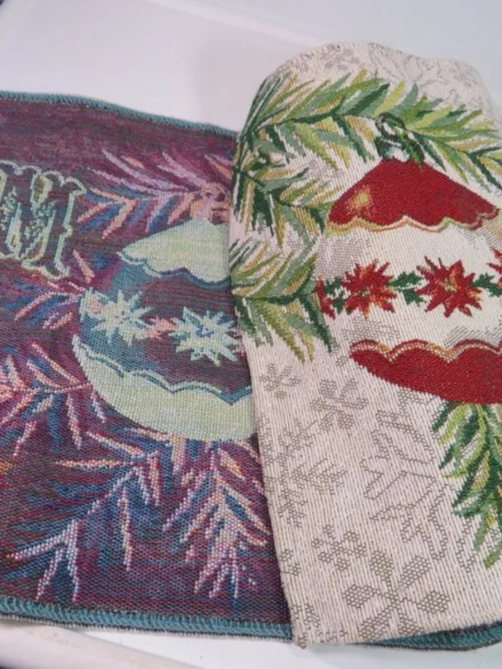 Merry Christmas Tapestry Table Runner - Red Poinsettia Ornaments Shimmer 67x13
